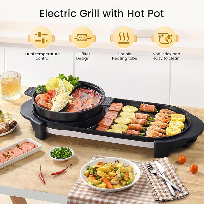 Electric Hot Pot with Grill Indoor Korean BBQ Grill Shabu-shabu Hotpot, Removable Hotpot Pot W/Large Capacity Baking Tray, Smokeless Non-Stick, 5-Gear Adjustable Temperature, 1-6 People 110V