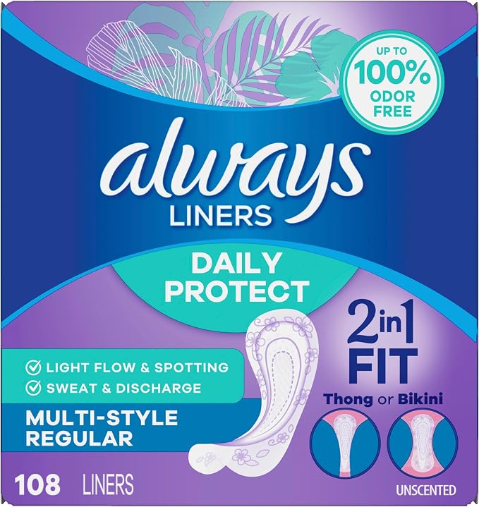 Always Daily Protect Multi-Style Liners, Regular Length, Unscented Panty Liners, Up to 100% Odor Free and Fragrance Free, Cleanguard Quilted Core Absorbs Wetness and Odors, 108 Count