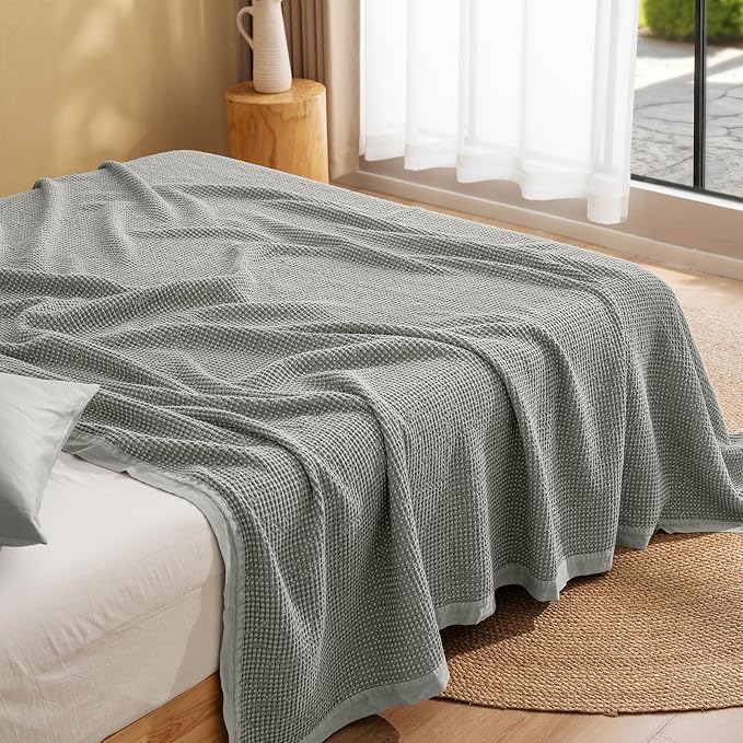 PHF Stone Washed 100% Cotton Waffle Blanket, Vintage Deep Honeycomb Texture, Breathable Thermal Blanket for Bed & Home Decor, All Season Layering - Queen, Frosted Grey