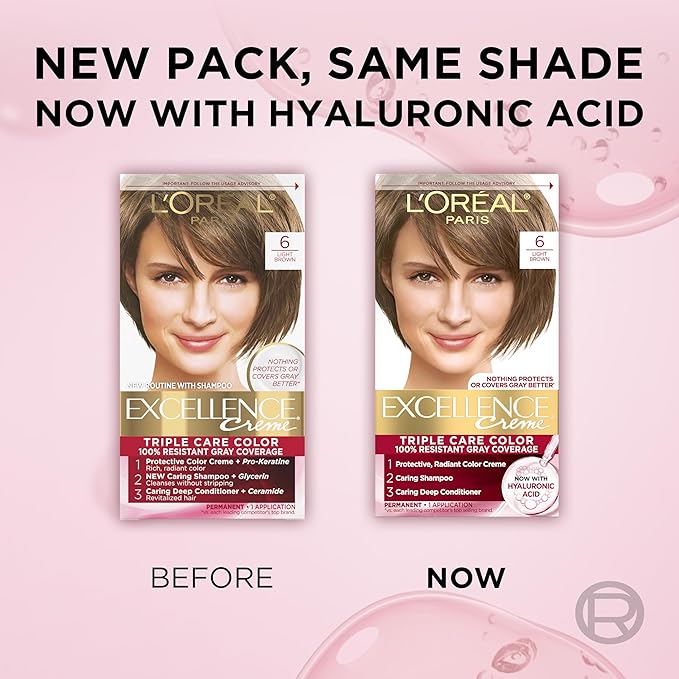 L'Oreal Paris Excellence Crème Permanent Hair Dye, Triple Care Hair Color with Hyaluronic Acid for 100% Gray Coverage, 6 Light Brown, 1 Kit (Pack of 2) (Packaging May Vary)