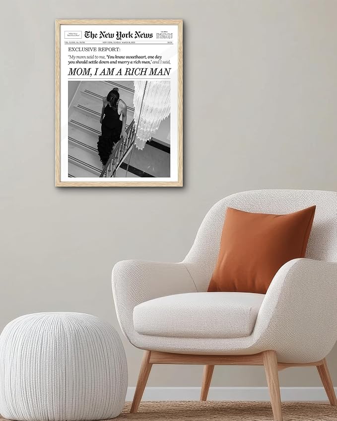 EcoHest 16x20 in Mom I Am a Rich Man Newspaper Framed Wall Art | Solid Oak Wood Frame with Canvas Wall Art, Girly Fashion Magazine Decor for Bedroom, Apartment, Dorm, College Room, 1Pack