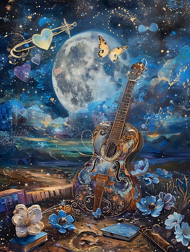 Guitar Moon Night Jigsaw Puzzles for Adults 1000 Pieces, Murder Mystery, Unique Brain Challenging Shaped Puzzle for Game Night, Family, Friends, Size 26.6x19.2