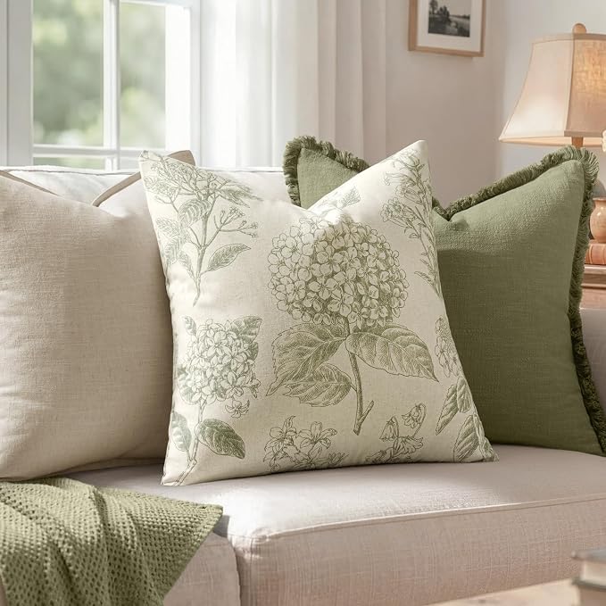 Set of 2 Decorative Floral Pillow Covers 18x18 Inch Sage Green | Neutral Hydrangea Print, Boho Vintage Throw Cushion Covers, Cottagecore Home Decor, for Sofa Couch Porch Bedroom Living Room