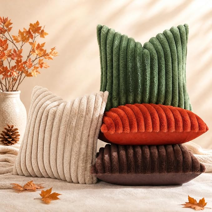 decorUhome Fall Faux Fur Throw Pillow Covers 18x18 Set of 2 Rust | Decorative Soft Cozy Striped Plush Modern Farmhouse Boho Couch Pillow Cases Velvet Back for Sofa Bed Living Room Home Decor