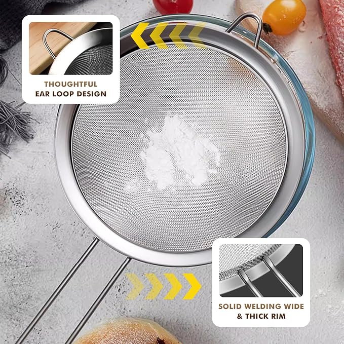 NileHome 3 Piece Mesh Strainers, Stainless Steel Strainer for Sifting, Straining, Cooking Kitchen Strainers Fine Mesh for Flour, Pasta, Loose Tea, Fruit, and Rice, Silver（3.1"+5.4"+7.8")