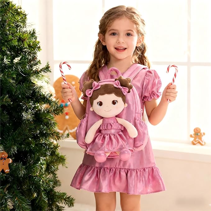 Lazada Toddler Backpack - Baby Girl Gifts Curly Fingerprints Plush Doll Dress Backpack - Fashion Girls Curly Rolled Fingerprints Series - Peach 11 Inches
