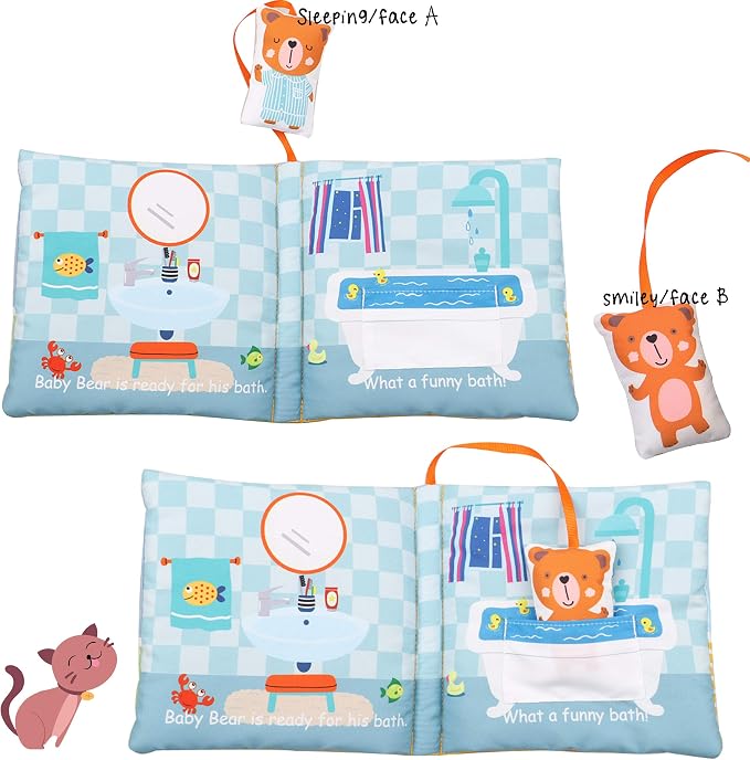 Bebe Mondo Teddy Bear Tummy Time Toy with Mirror, Soft Baby Book for 0-3-6-12 Months, Infant Sensory Developmental Toy, Shower Baby Gifts,Activity Quiet Cloth Book for Newborns,1-2 Year Old Book-Night
