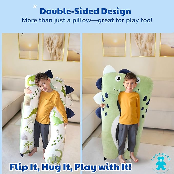 LUNAMIRA Dino Kids Body Pillow - 47" U-Shape Long Plush Soft Animal Pillow for Kids, Sleeping, Reading, ADHD & Special Needs Comfort, Anxiety, Washable Cover, Snuggle Fun Cuddle Gift for Boys & Girls