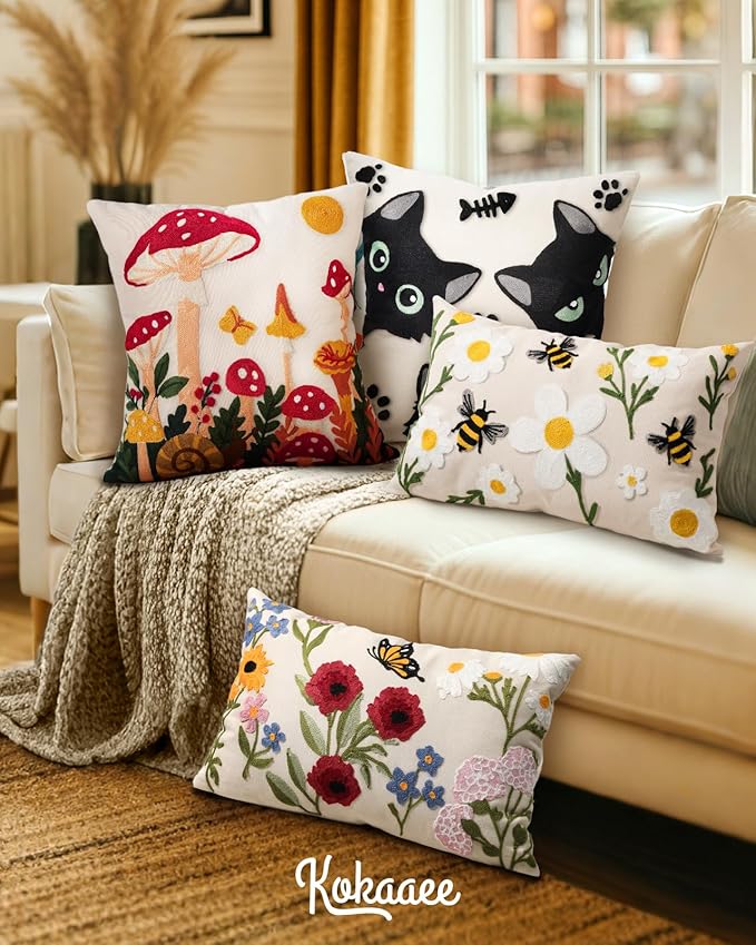 Embroidered Throw Pillow Cover 20x20 Inch, Mushroom Moon | Decorative Pillow Cover, Boho Cottagecore Cushion Case with Hidden Zipper, Home Decor for Couch, Sofa, Living Room, Bedroom