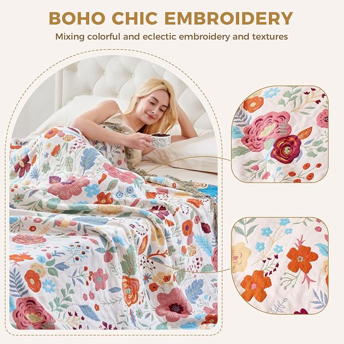 LUTBM Boho Throw Blanket for Couch 50"x60", Cotton Decorative Bed Throws | Reversible Floral Leaves Jacquard, All-Season Lightweight Soft Blankets, For Chair Sofa Bedroom Living Room Decor