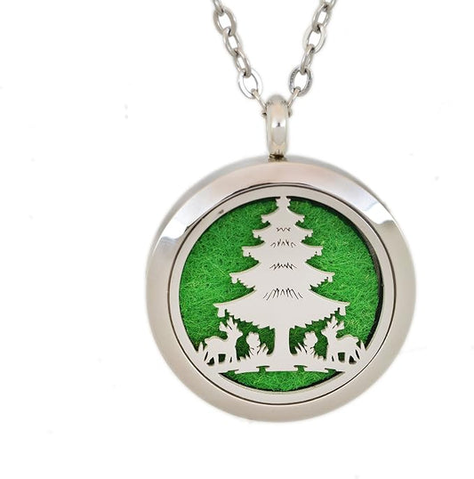 Aromatherapy Essential Oil Diffuser Stainless Steel 30MM Silver Magnetic Locket Pendant with Chain Necklace and Colored Refill Pads & Diffuser Bracelet All in a Velvet Bag (Christmas Tree)