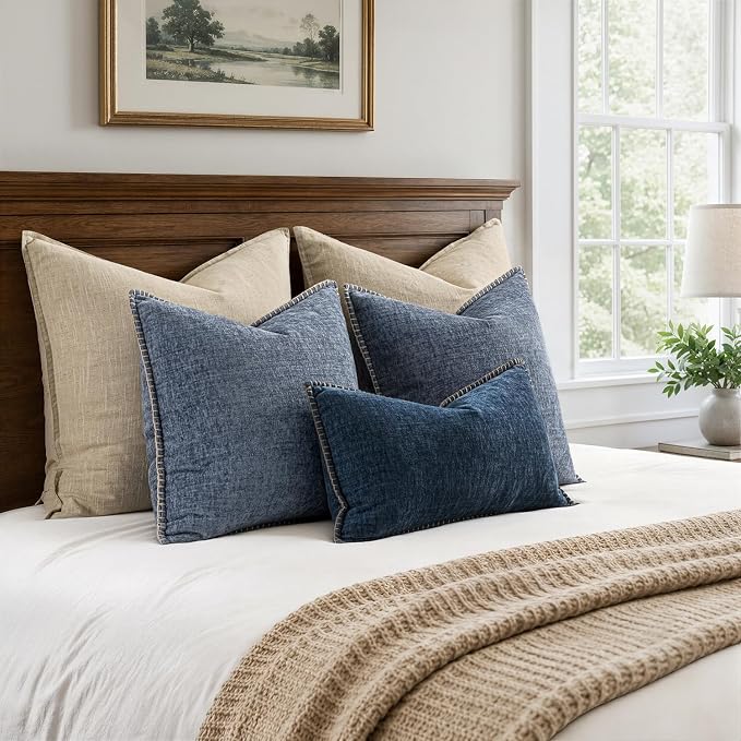 MIULEE Decorative Couch Throw Pillow Covers 18x18 in Dark Grey Blue 2 Pack | Farmhouse Pillow Covers with Stitched Edge, Soft Chenille Cushion Cases, for Sofa Bed Living Room Home Decor