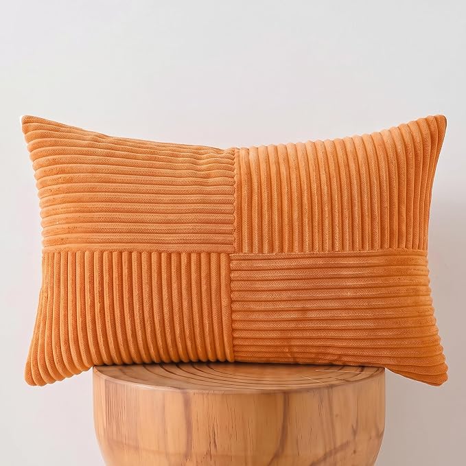 Fancy Homi 2 Packs Orange Long Lumbar Decorative Throw Pillow Covers 12x24 Inch for Couch Bed Sofa, Rustic Farmhouse Boho Home Decor, Soft Striped Corduroy Rectangle Accent Cushion Case 30x60 cm