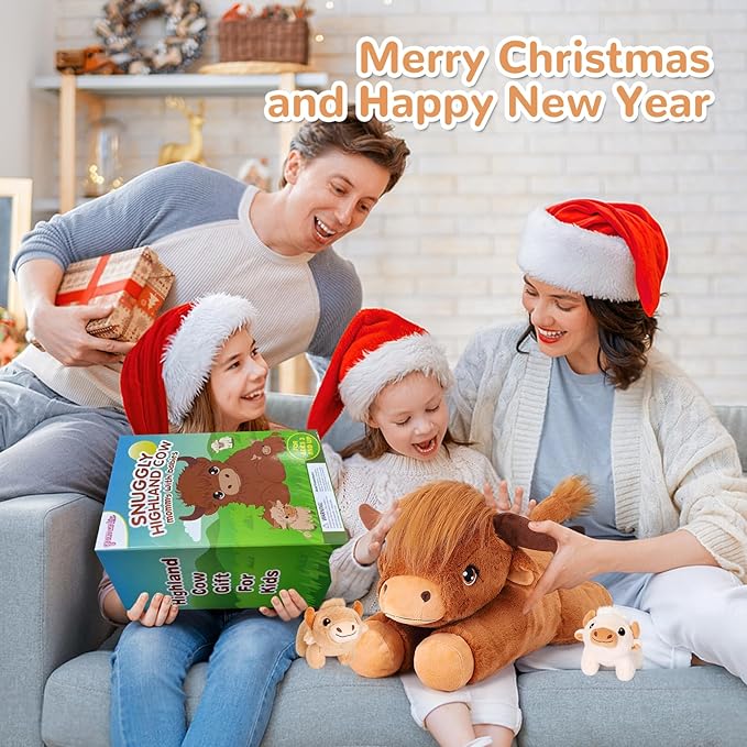 4 Pieces Highland Cow Stuffed Animals - 1 Mommy Stuffed Highland Cow with 3 Babies - Brown Cow Gifts for Girls Age 3-8, Cows Plush Toys for Christmas, Valentine's, Birthday Gifts (Brown)