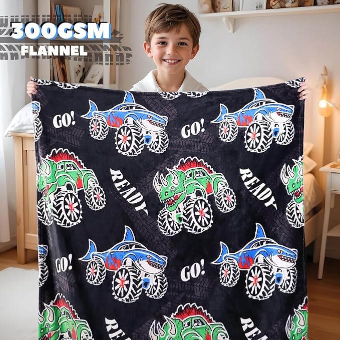 BORORO Dinosaur Truck Toys Glow in The Dark Truck Blanket for Boys Shark Throw Blanket Construction Excavator Birthday Gifts for Kids