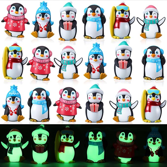 Realspring 24 Pcs Rubber Penguin Valentines for Class Bulk Glow in The Dark Winter Penguin Bath Toy Floating Rubber Animals Cute Cake Topper Gifts for Kids Classroom, Home Car Dashboard Decor (Black)
