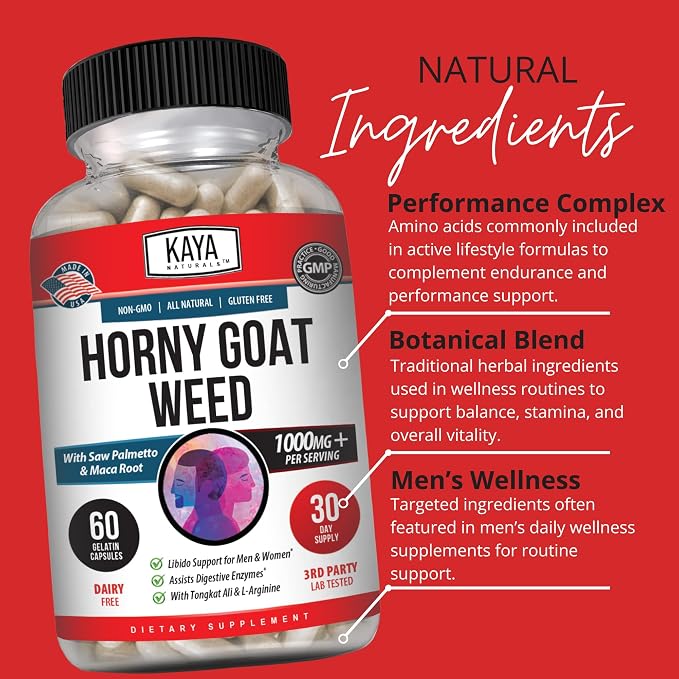 Kaya Naturals Horny Goat Weed Extract with Maca - Complex with Saw Palmetto Ginseng, Arginine Vitamin Supplement - Horny Goat Weed - 60 Count