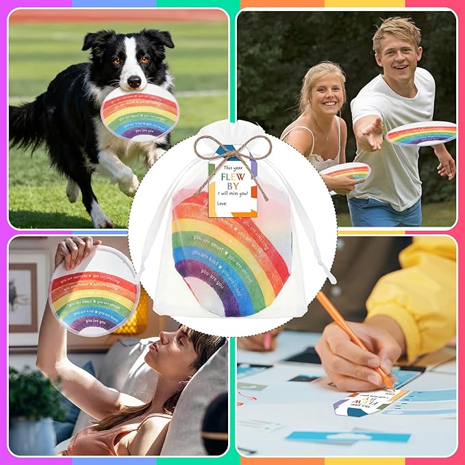 HyDren 36 Set End of The Year Gifts Rainbow Flying Disc Foldable Fans Bulk with Inspirational Card Organza Bag Beach Flying Disc for Fun Graduation Summer Birthday Party Favors Outdoor Activity Game