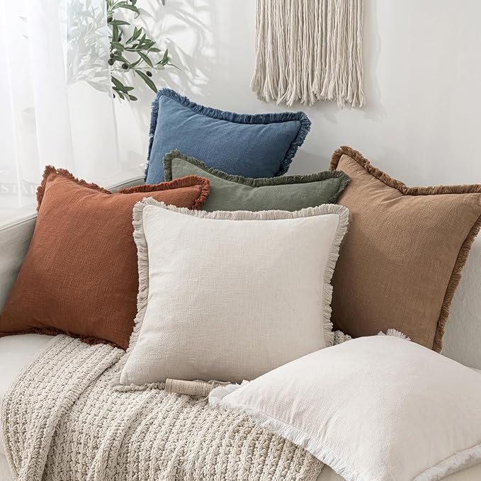 MIULEE Boho Linen Fringe Decorative Throw Pillow Covers Blue Ashes 18x18 | Set of 2, Cottagecore Decor, Boho Farmhouse Coastal Pillow Covers, Rustic Couch Cushion Cases for Sofa Bed Living Room