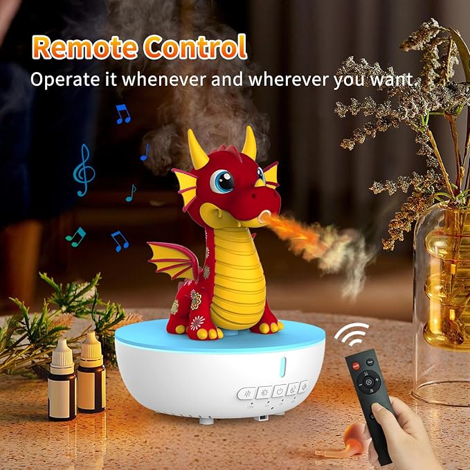 Aromatherapy Dragon Humidifier, 200ML Essential Oil Diffuser with Remote & Timer, White Noise Machine with 10 Soothing Sounds, Cute Small Humidifiers for Kids Bedroom, Home, Office (Red)