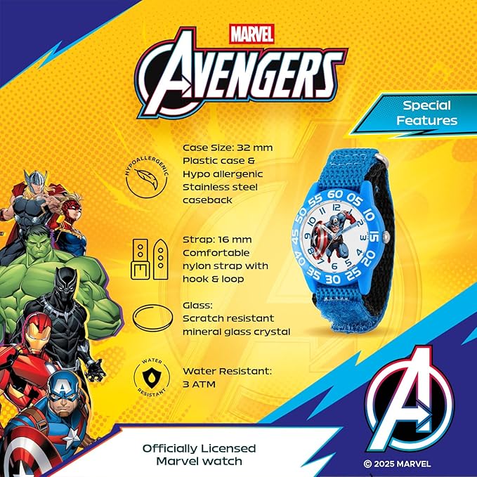 Marvel Superhero 2-Pack Watch Set for Kids Ages 4–7 – Featuring Captain America Shield and Hulk Dial Designs – Blue and Black Bezels with Matching Nylon Straps – GET 2 Mystery Bonus Watches