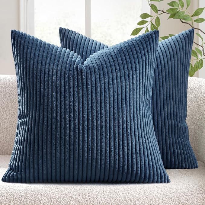 MIULEE Decorative Corduroy Throw Pillow Covers Set of 2 18x18 Navy Blue | Soft Striped Textured Cushion Cases, Boho Coastal Square Pillowcases for Home Decor, for Couch Chair Sofa Bed Living Room
