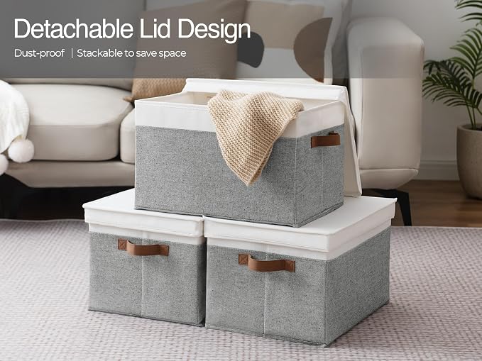 StorageWorks Storage Bins with Lids, Decorative Storage Boxes with Lid and PU Handles, Foldable Storage Baskets for Closet, Shelves, Stackable, Gray and White, Jumbo, 3-Pack | Lidded Dust-proof, Easy Pull Handles, Foldable, Stackable, Ideal for Clothes...