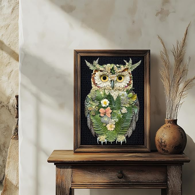 PICKFORU Foliage Owl 1000 Piece Puzzle for Adults, Nature Leaves Flowers Collage Art Jigsaw Puzzles, Plant Animal Puzzle as Wall Decor
