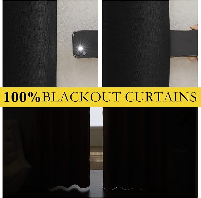 NICETOWN Black Out Linen Curtains, Complete Blackout Shades for Large Window Door, 100% Blackout Window Curtain Panels with White Lined, 62 inches Width Each Panel, 102 inches Length, 2 Pieces