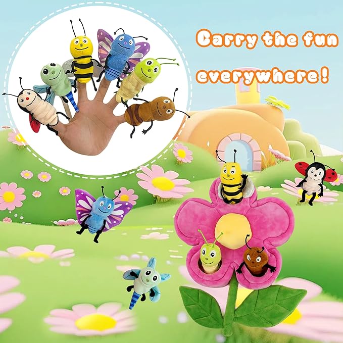 6pcs Insect Finger Puppets Bringing a Flowers House，Novelty Animals Toys Puppet for Kids, Storytelling Role-Playing Plush Finger Puppets Gifts for Boys and Girls