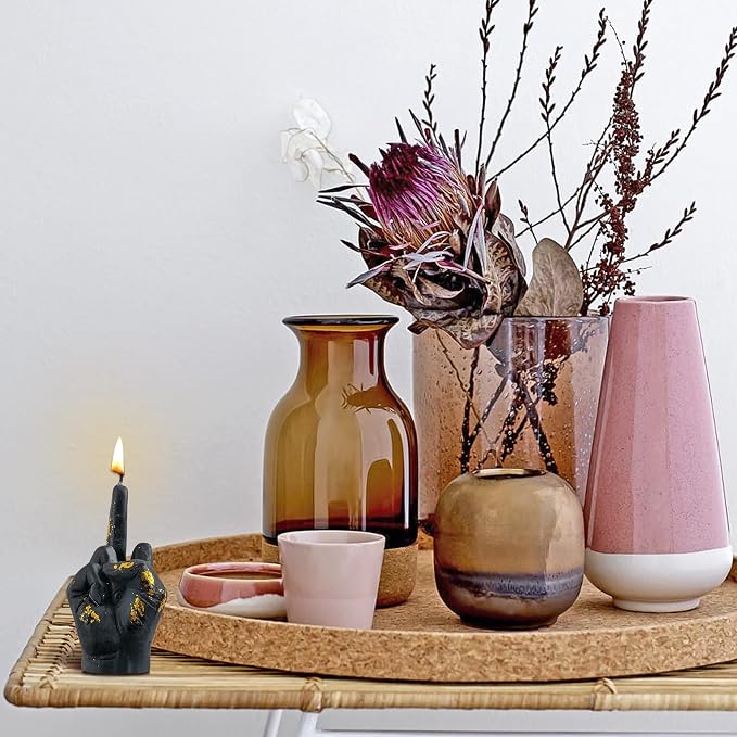 6sisc Small Middle Finger Scented Candle Black with Gold Foil Danish Pastel Room Aesthetic Decor Pine Aromatherapy Candles Natural Soy Wax Hand Gesture Fragrance Candle for Home Bedroom Decorations