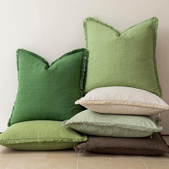 Foindtower Set of 2 Decorative Linen Fringe Lumbar Throw Pillow Covers Boho Farmhouse Cushion Cover with Tassels Soft Accent Pillowcase for Couch Sofa Living Room Home Decor,12×20 Inch,Forest Green