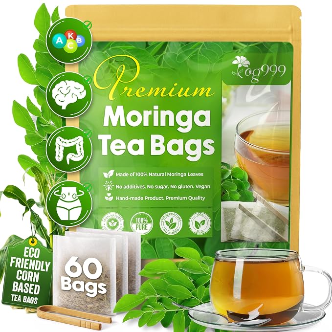 TOG999, Premium 60 Moringa Leaf Tea Bags, 100% Natural & Pure. Loose Leaf Moringa Herbal Tea. No Sugar, No Caffeine, No Gluten, Vegan.