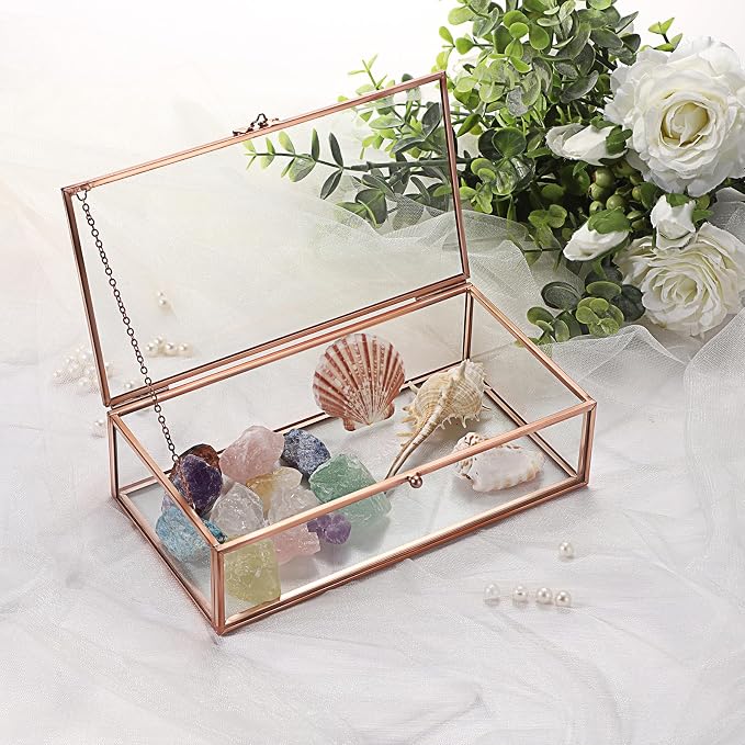 Hipiwe Glass Keepsakes Display Box Jewelry Organizer Box with Lid Decorative Glass Box Clear Rectangle Storage Box for Trinket Perfume Collection Gift for Birthday Anniversaries,Rose Gold Large