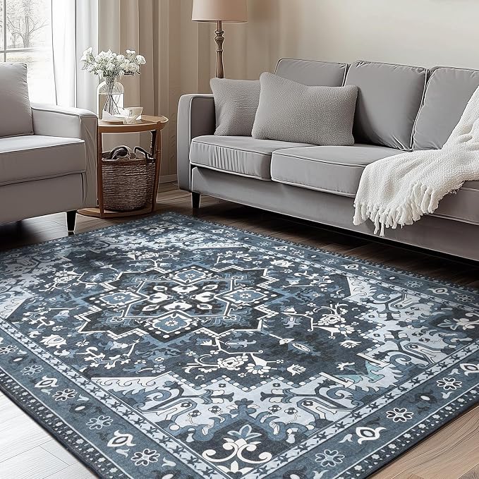 Rugflix 4x6 Area Rugs for Living Room, Washable Dark Navy Blue Rug | Machine Washable; Stain-Resistant; Low Pile; Non-Slip; Vintage Farmhouse; Carpet for Bedroom Dining Office Nursery Home