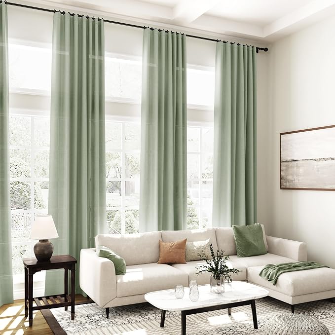 Extra Long Desert Sage Linen Curtains 120 Inch for Living Room 2 Panels Set Rod Pocket Back Tab Light Filtering Semi Sheer Linen Window Drapes Privacy High Ceiling Drapes for Farmhouse 52x120