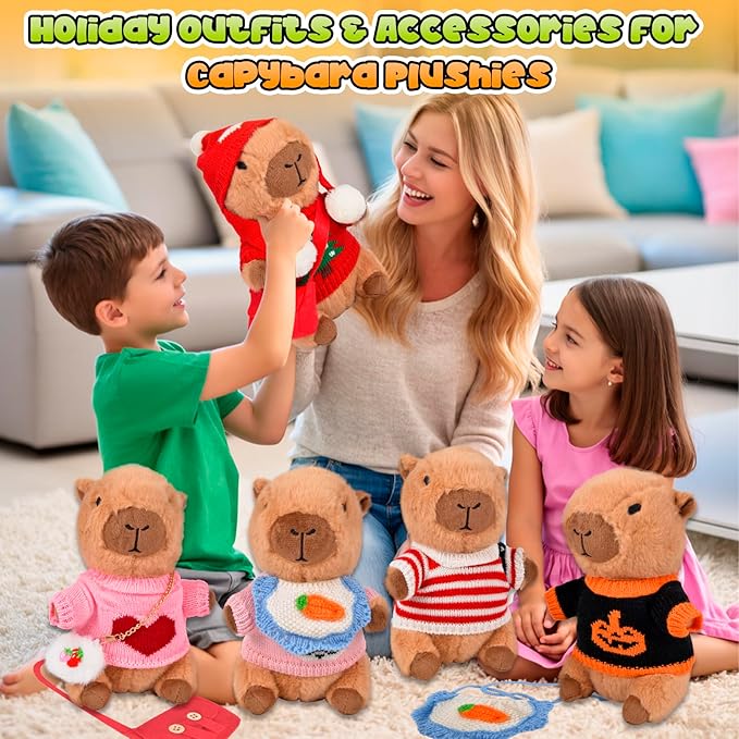 Capybara Plush Toy Clothes & Accessories, 10Pcs Holiday Clothes for 10" Stuffed Animal, Dress Up Capibaras Peluches, Cute Super Soft Capybara Stuffies Birthday Gifts for Kids Boys Girls (No Doll)