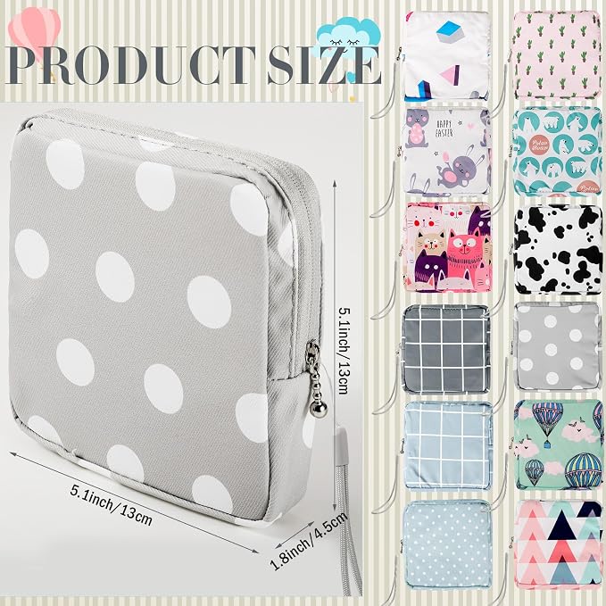 Paterr 12 Pcs Sanitary Napkin Storage Bag Set Portable Period Pouch with Lanyard for Menstrual Pad Bags Back to School First Period Gift for Teen Girls (Cute Style)