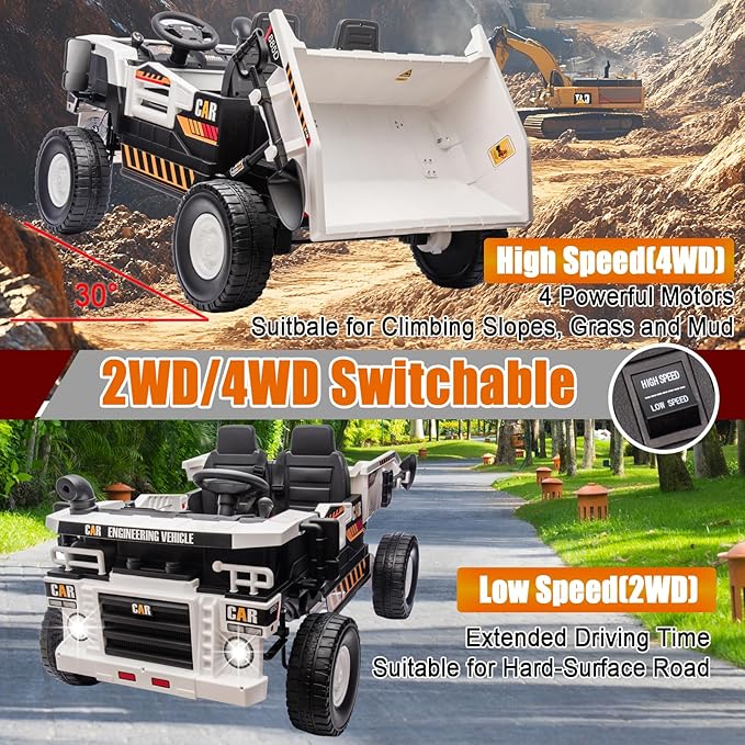 POSTACK 24V 8Ah Ride on Dump Truck with Electric Dump Bed, Ride on Construction Vehicle 4WD Kids Electric Car with Remote Control and Extra Shovel,4x70W Powerful Motors, White