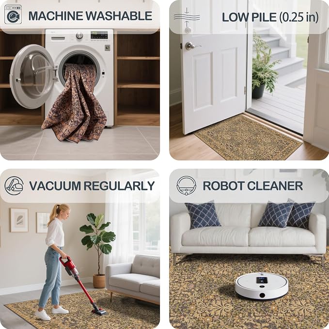 6x9 Washable Area Rugs for Living Room, Stain Resistant Vintage Rugs for Dining Room Under Kitchen Table, Bedroom, Floral Low Pile Non-Slip Large Carpet (6 x 9 Goldenrod)
