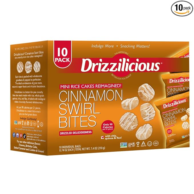 Drizzilicious Mini Flavored Rice Cakes Cinnamon Swirl - Rice Crisps, Healthy Snack for Adults and Kids, Vegan, Gluten Free Snack, Allergen Free, Only 90 Calories Per Bag - 0.74 oz (Pack of 10)