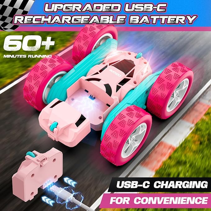 cosone RC Cars, Pink Remote Control Car for Girls, 2.4 GHZ Double Sided RC Stunt Car 360 Rotating Remote Control Cars with Headlights Toys for 6 7 8 9 10 11 12 Girls Birthday Gift