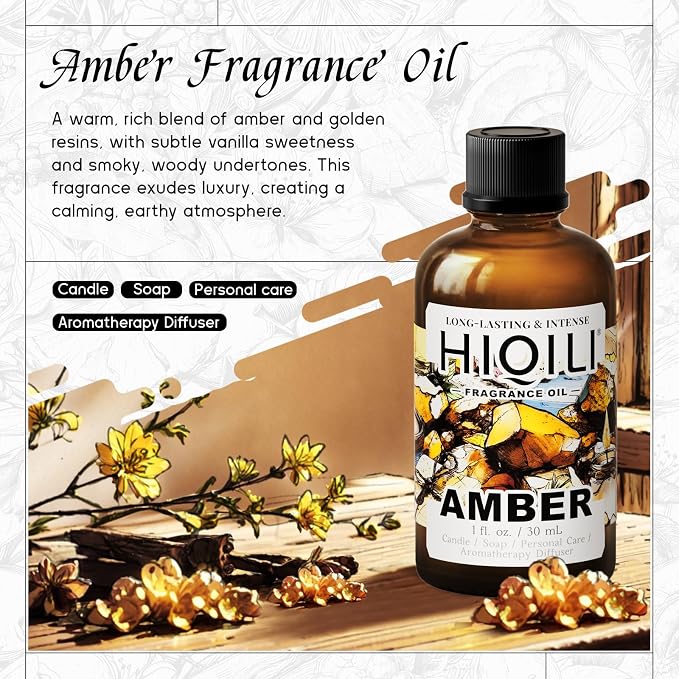 HIQILI Amber Fragrance Oil丨1 Fl Oz | for Perfume, Candle & Soap Making, Long Lasting Classic Scents for Essential Oil Diffuser & Aromatherapy