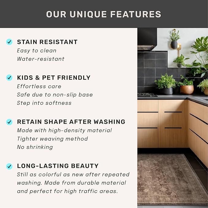 Hazo Haus Brown Washable 3x20 Extra Long Hallway Runner Rug, Neutral Boho Large Kitchen Floor Rug Indoor, Non-Slip Stain & Fade Resistant, Vintage Dark Earthy Taupe Floral Décor (3x20 Brown)