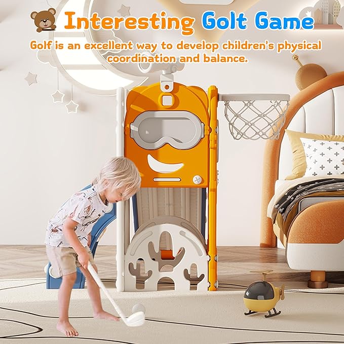 8-in-1 Toddler Slide, Indoor Slide for Toddlers Ages 1-3 and Indoor/Outdoor Play Set Playground with Storage, Climber, Telescope, Golf Set, Drawing Set, Basketball Hoop Bear Theme