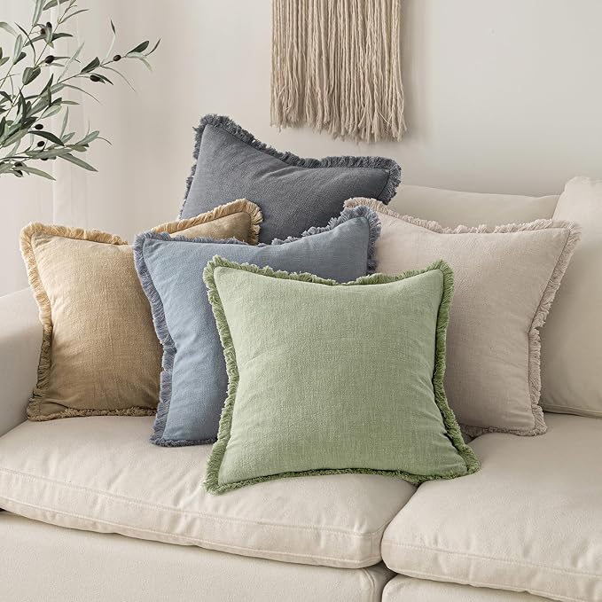 MIULEE Boho Linen Fringe Decorative Throw Pillow Covers Sage Green 18x18 | Set of 2, Cottagecore Decor, Boho Farmhouse Neutral Pillow Covers, Rustic Couch Cushion Cases for Sofa Bed Living Room