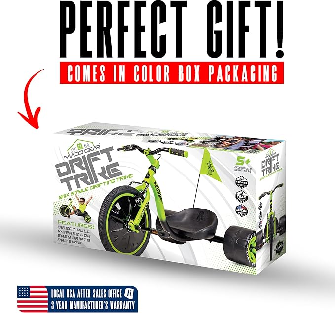 Drift Trike for Kids Ages 5+ – 16" Front Wheel Ride-On with Adjustable Seat, Steel Frame, Rear Slick Drift Wheels & Safety Flag – Madd Gear