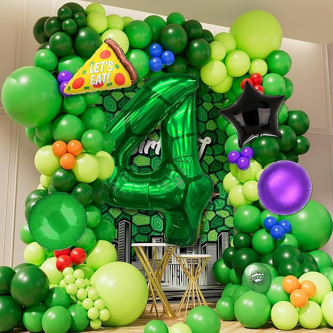 7Pcs Cartoon Turtle Theme Birthday Decorations 40 Inch Number 5 Foil Balloons Super Green Turtle Themed Hero Large Mylar 5th Number Balloon Video Game Pizza Balloons Party Favors Red