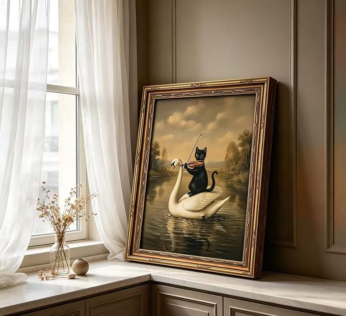 Vintage Gold Framed Black Cat Wall Art,Dark Academia Swan Painting Canvas Print,Moody Cottagecore Cute Animal Wall Decor, Rustic Farmhouse Animal Poster Artwork for Living Room Bedroom Bathroom