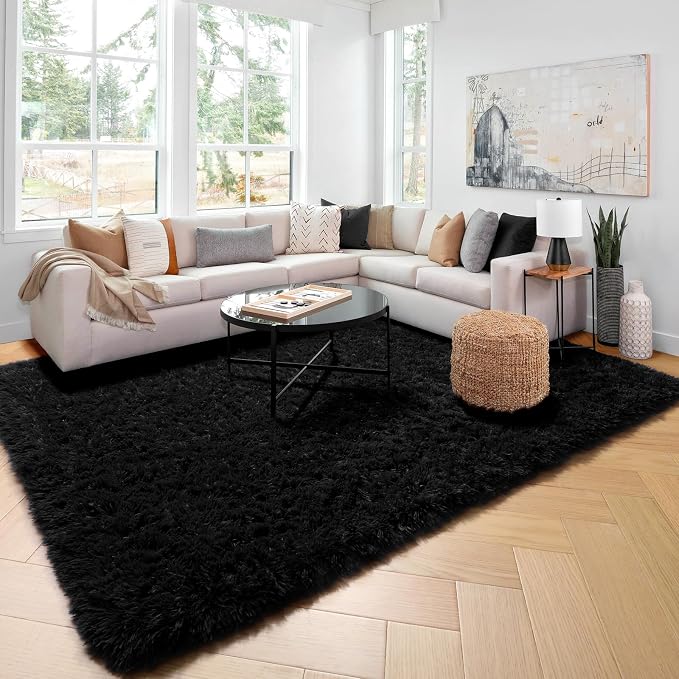 Amdrebio Black Shag Kids Area Rug 5x8 for Boys Bedroom Living Room Playroom | Fluffy Furry Shaggy Plush Comfy Carpet, Classroom Dorm Men Cave Office Apartment Decor, Gothic Aesthetic, Modern Cool Accent